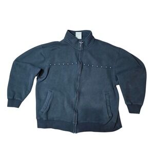 VTG Avirex Black Full Zip Sweatshirt Jacket Fleur de Lis Studded Y2K Grunge L